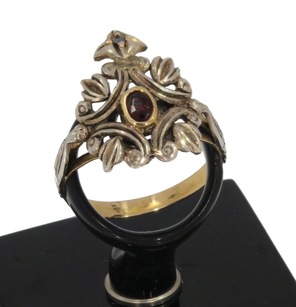 Kroon ring antiek 18k goud portugal granaat diamant zilver, Ophalen of Verzenden, Goud, Ring, Met edelsteen