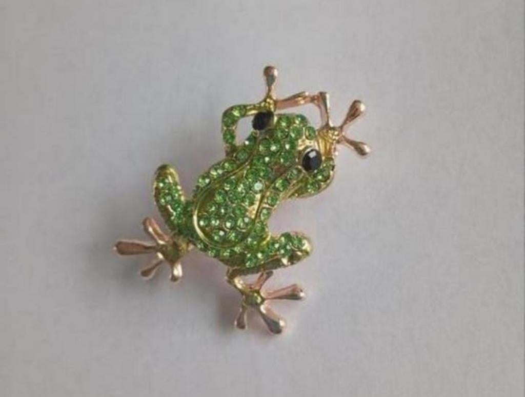 Kristallen Groen/gouden Kikker broche., Sieraden, Tassen en Uiterlijk, Broches, Nieuw, Overige materialen, Groen, 4 tot 7 cm, Met kristal