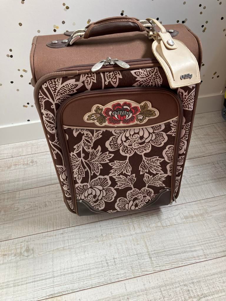 Olily Bruine koffer met bloemenprint en wieltjes, Ophalen, 40 tot 60 cm, Gebruikt, 20 tot 30 cm