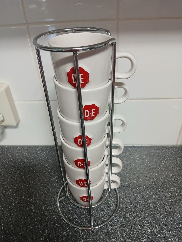 Douwe Egberts Espresso Kopjes met Houder - 6 Stuks, Gebruikt, Overige merken, Keramiek, Ophalen of Verzenden