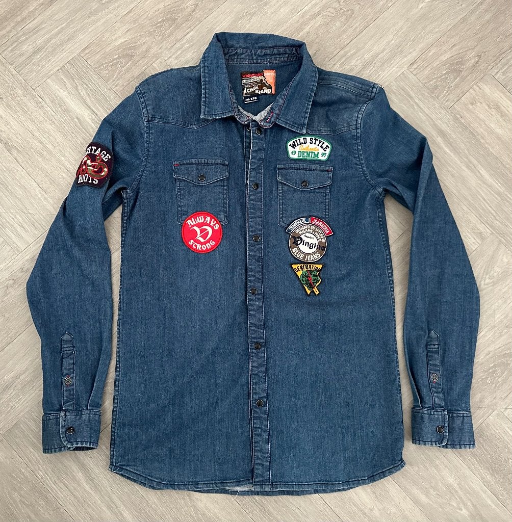 Stoere VINGINO jeans overhemd met embleem, maat 176, Kinderen en Baby's, Kinderkleding | Maat 176, Verzenden, Overhemd of Blouse