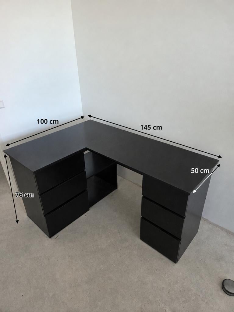 Zwart hoek bureau  4 lades, 2 kastjes, Ophalen, Zwart, Gebruikt, 145 cm