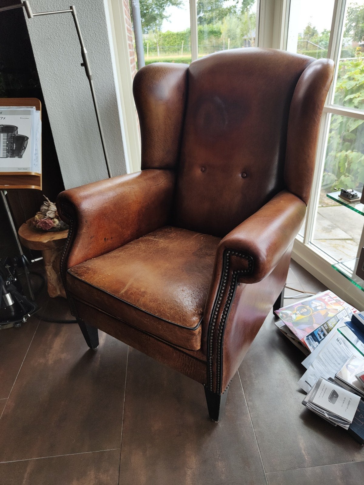 Vintage Leren Fauteuil - Chesterfield Stijl, Gebruikt, Chesterfield, Klassiek, Vintage, Ophalen of Verzenden, 75 tot 100 cm
