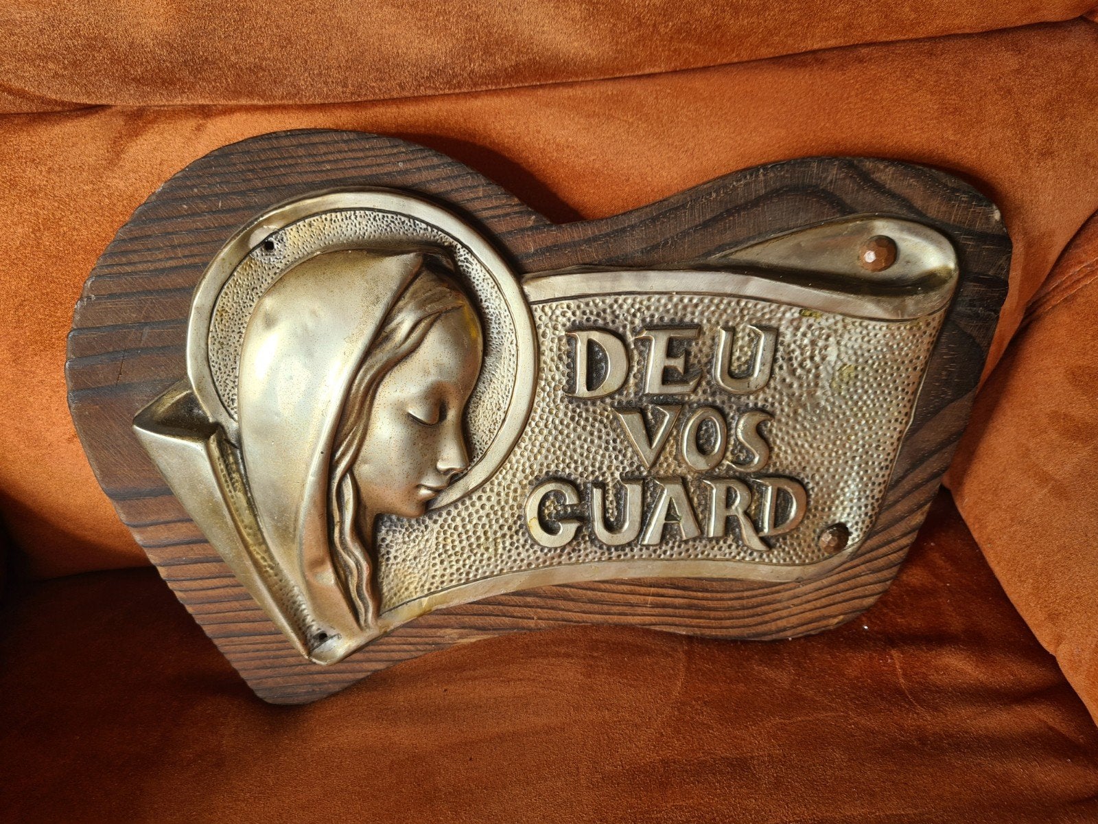 Vintage houten wanddecoratie met religieuze afbeelding, Ophalen of Verzenden