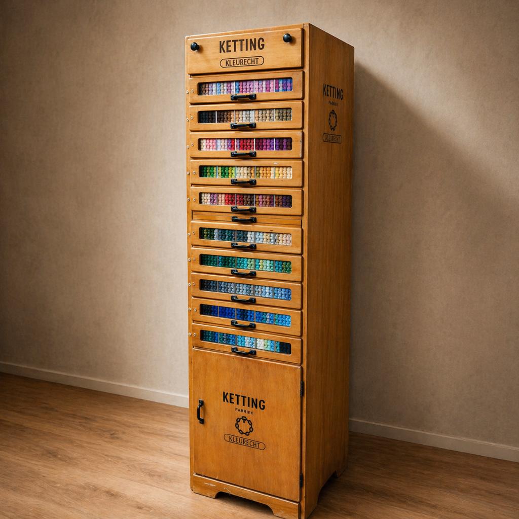 Vintage KETTING winkelkast / displaykast – garenkast, Ophalen, Zo goed als nieuw