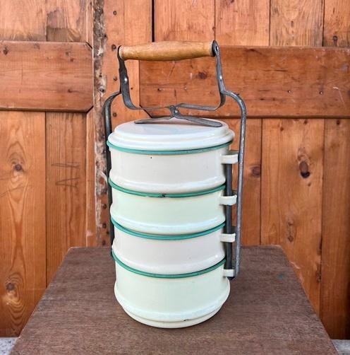 Emaille lunchtrommel tiffin dabba origineel 4 bakken hengsel, Antiek en Kunst, Ophalen of Verzenden