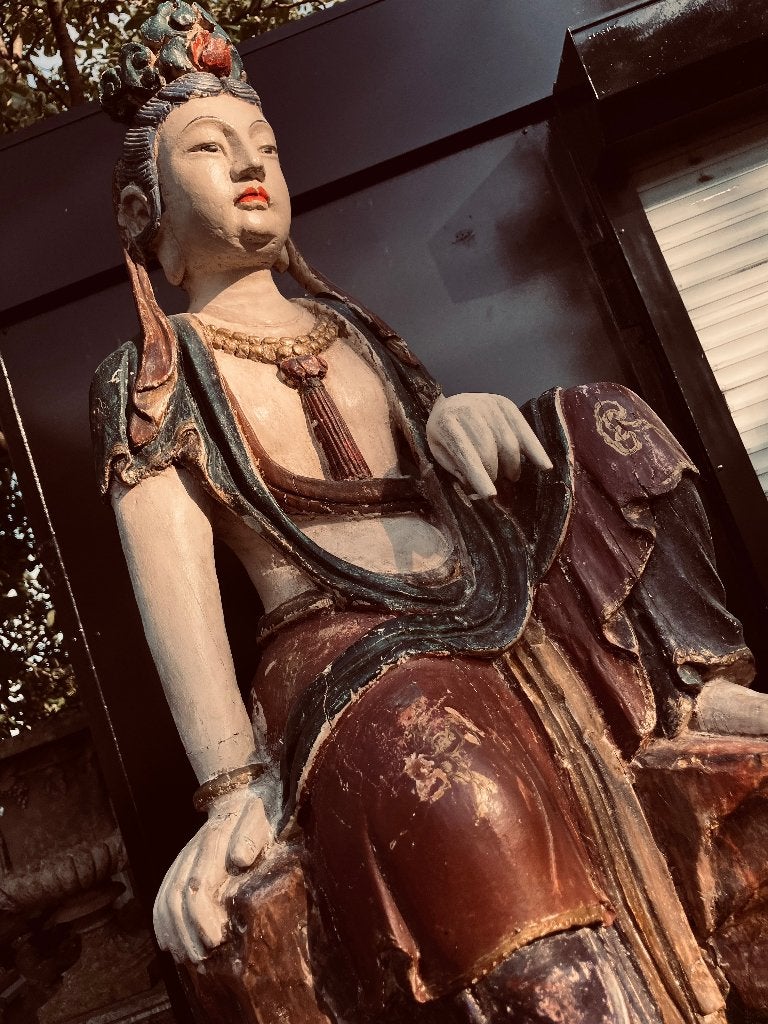 Héél oud houten Guanyin beeld polychroom beschilderd, 105 cm, China, Beeld, Ophalen