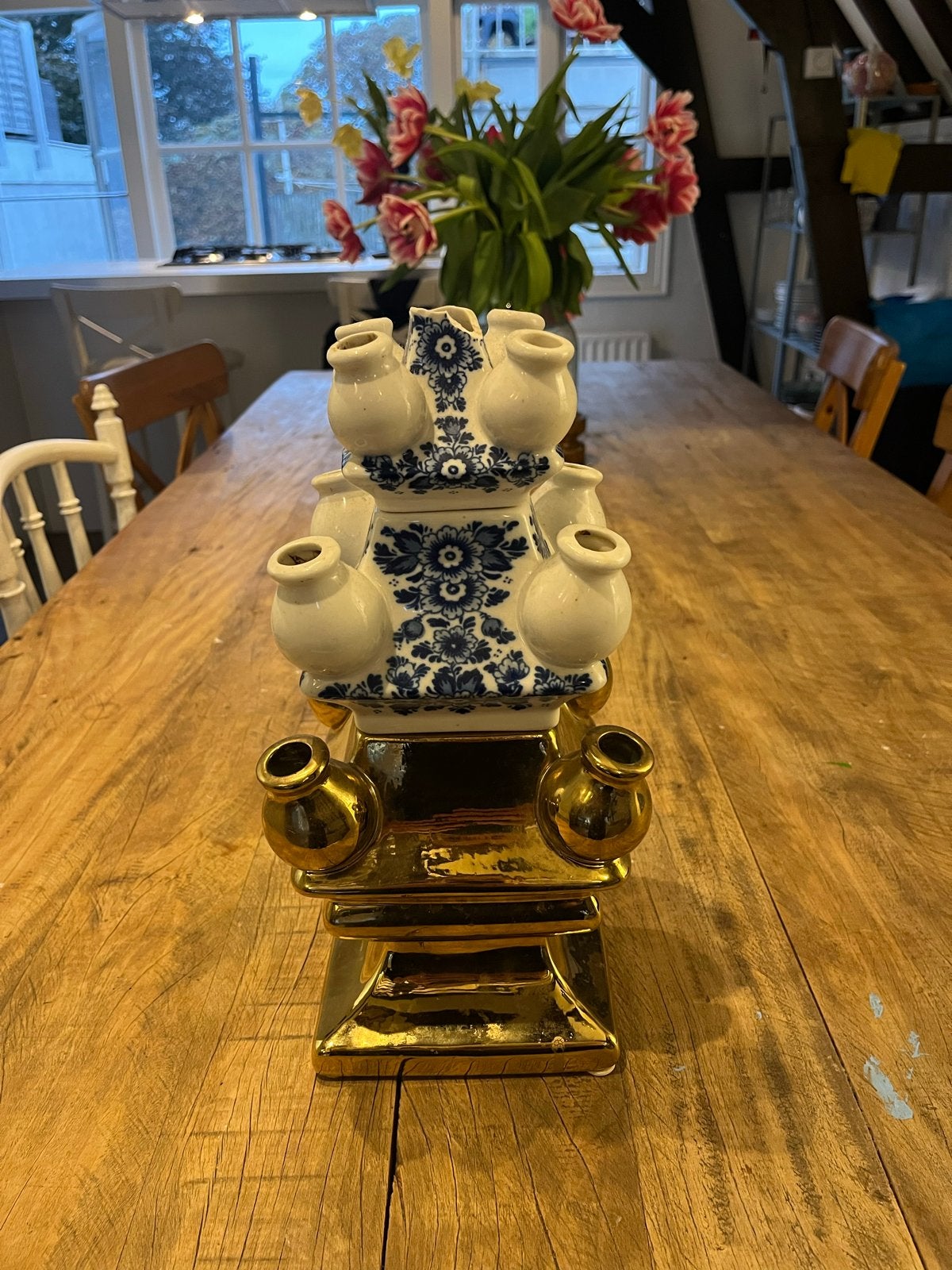 Heinen Delfts Blauwe Tulpenvaas met Gouden Voet - Beschadigd, Ophalen