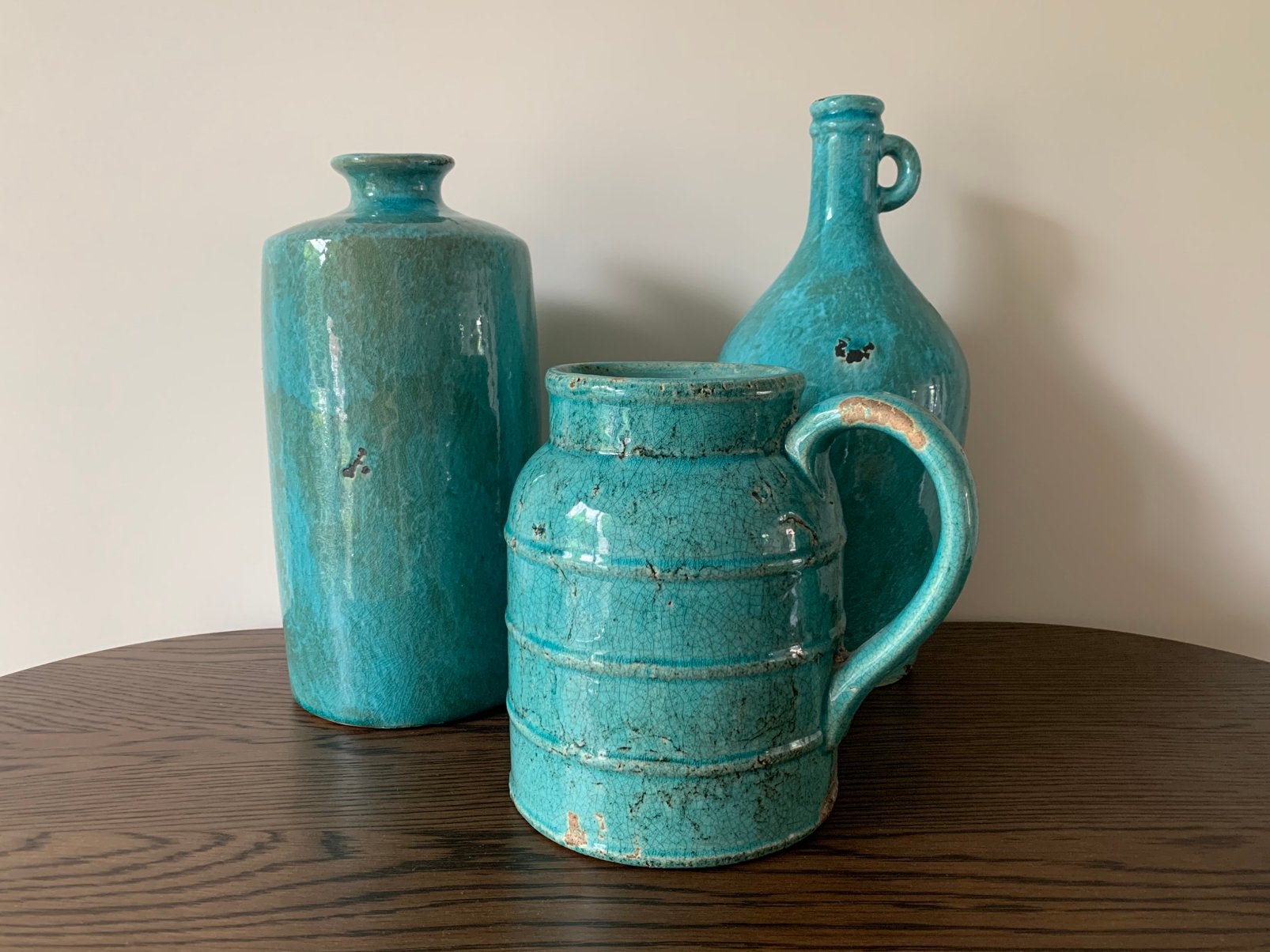 Mooie set handgemaakte Brynxz turquoise vaas, kan en kruik, Huis en Inrichting, Woonaccessoires | Vazen, Ophalen of Verzenden