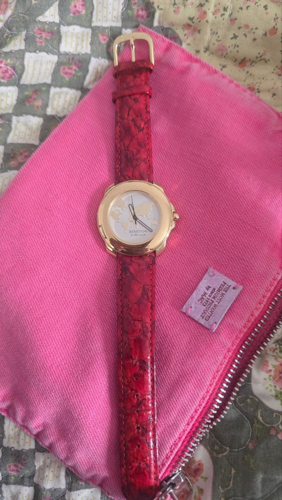 Benetton by Bulova horloge met wereldkaart wijzerplaat, Ophalen of Verzenden, Leer, Overige merken