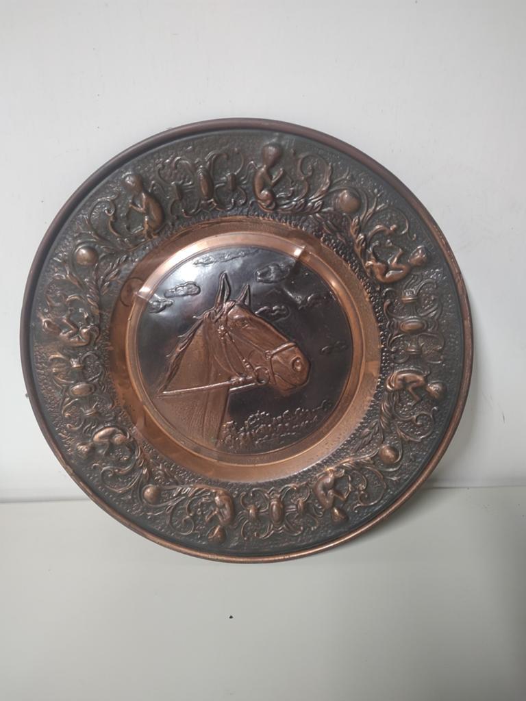 Leuke koperen en metalen wandplaten met paarden hoofden, Ophalen