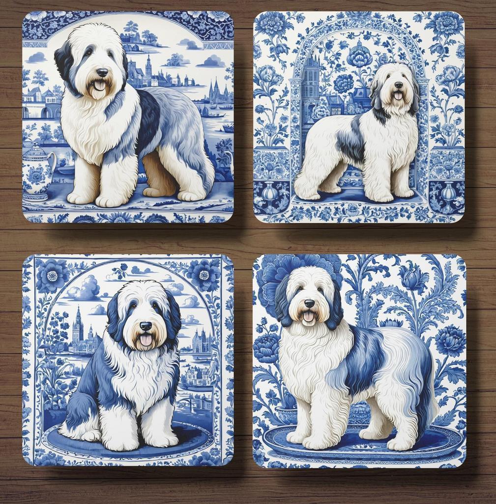 Old English Sheepdog Delfts Blauw onderzetters met houder, Ophalen of Verzenden, Nieuw, Glas of Kopje