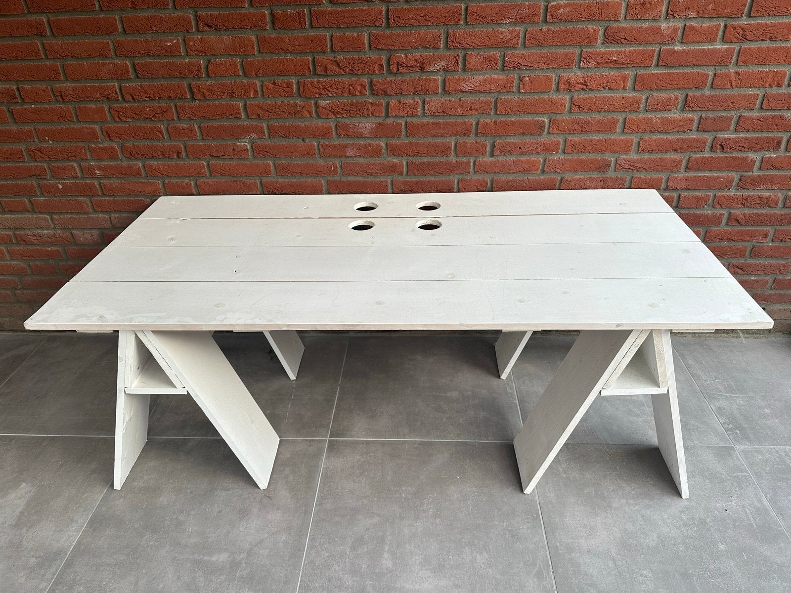 Witte houten tafel met schragen, Ophalen, Gebruikt, 50 tot 100 cm, 150 tot 200 cm