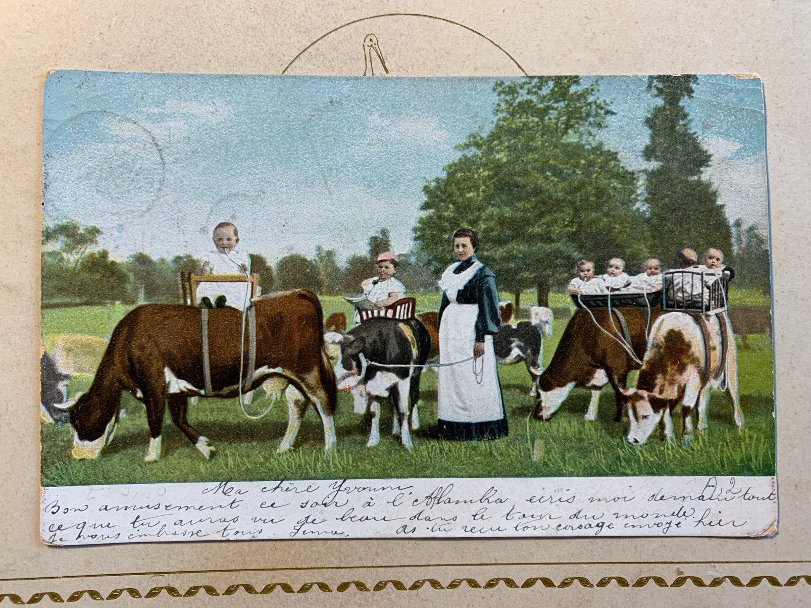 1905 Baby’s drinken melk van de koe (BA), Ophalen of Verzenden, Voor 1920, Gelopen, Kinderen