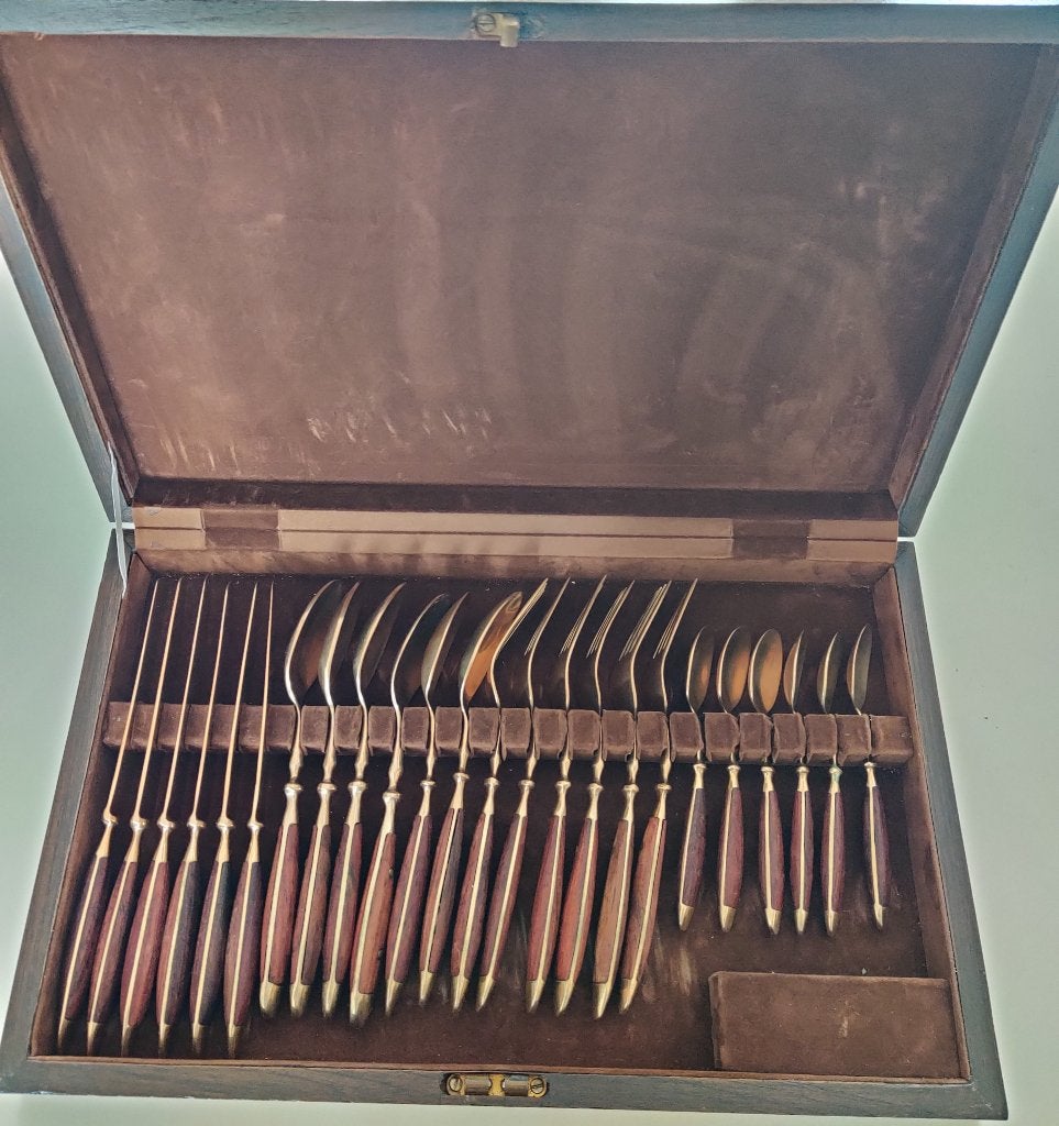 Handgemaakt vintage bronzen palissander bestek 24-delig, Antiek en Kunst, Ophalen