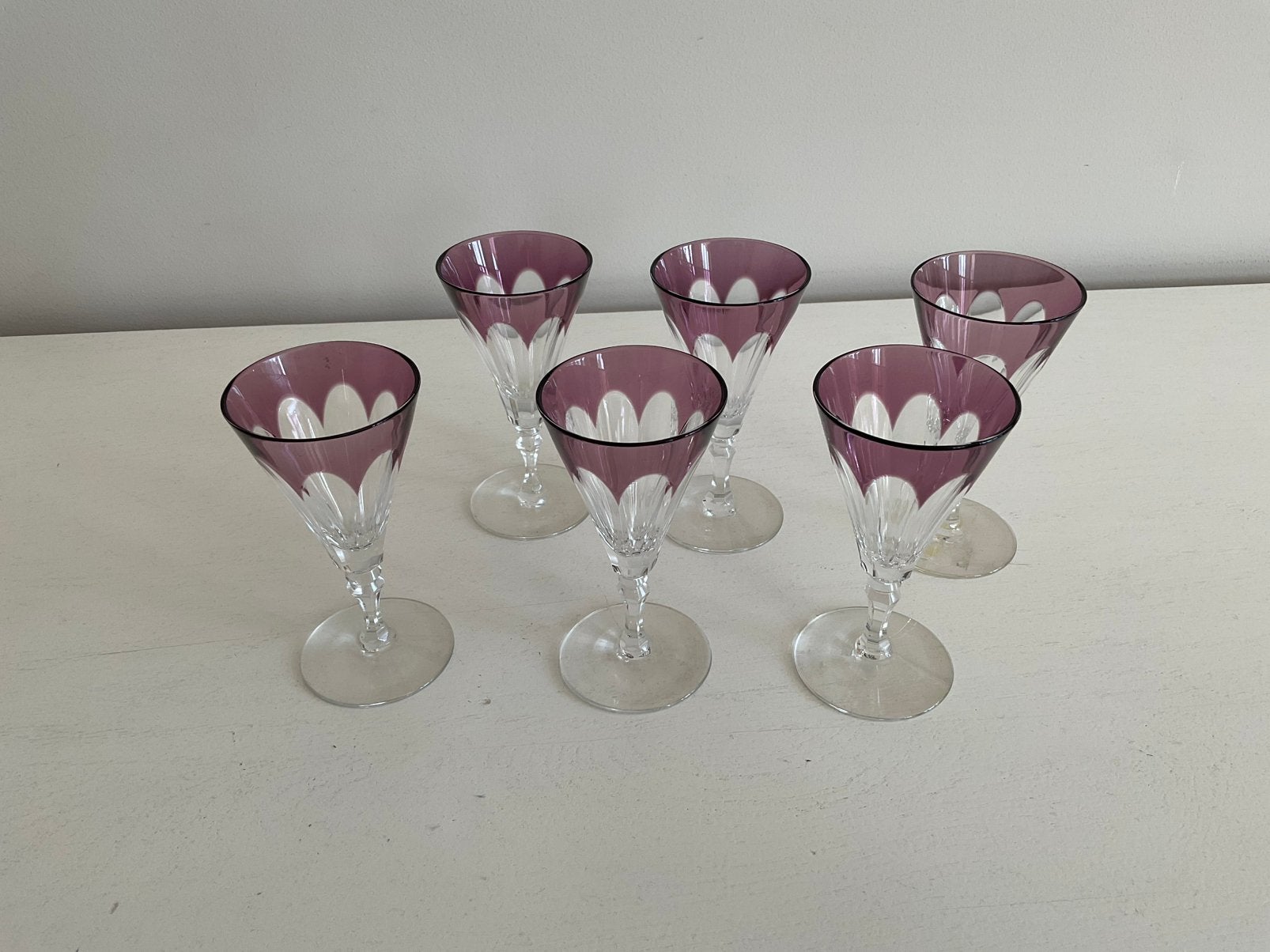 6 Vintage kristallen Roemer likeurglazen, amethist kleur, Ophalen of Verzenden