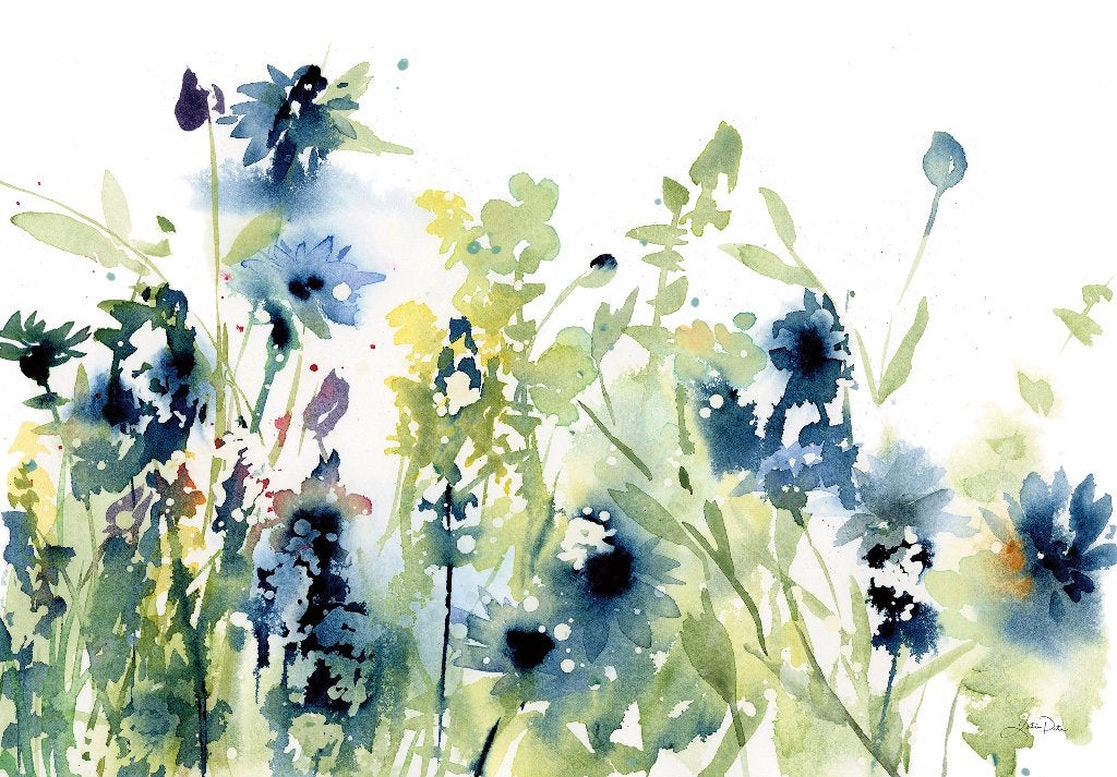 Aquarel behang Veldbloemen, Bloemenbehang, Blauw Groen Wit, Verzenden, Fotobehang, Blauw