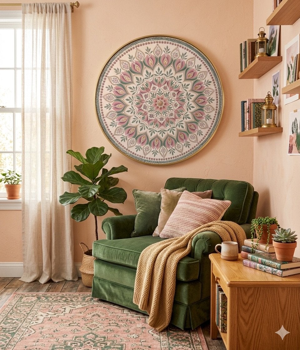 Prachtige Ronde Mandala Schilderij - Bloem & Blad⁠, Huis en Inrichting, Woonaccessoires | Schilderijen, Tekeningen en Foto's, 50 tot 75 cm