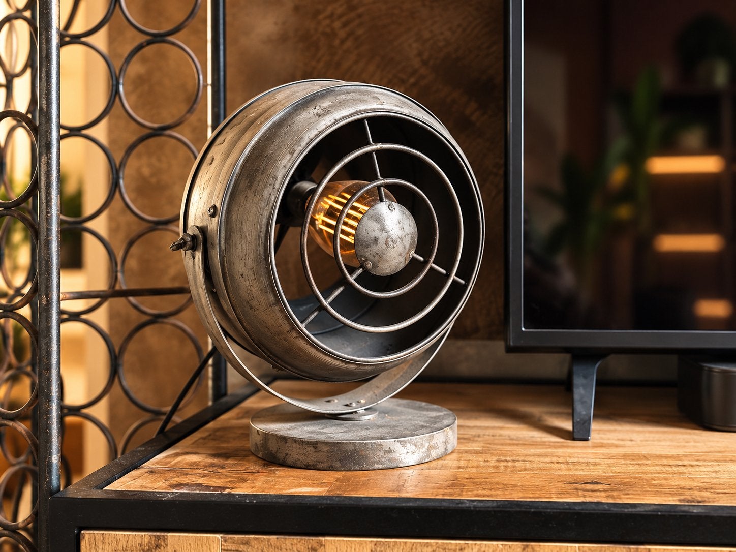 Industriële tafellamp – vintage ventilator model – metaal, Ophalen, Zo goed als nieuw, Grijs, Metaal