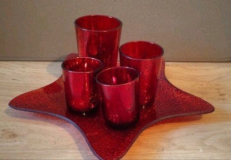 Glazen rode theelichthouders en ster schaal - Set van 5, Verzenden, Waxinelichthouder, Nieuw, Glas