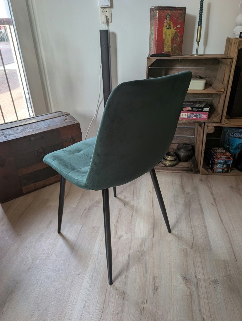 Vier groene velvet eetkamerstoelen, Huis en Inrichting, Stoelen, Ophalen, Gebruikt, Overige kleuren, Vier