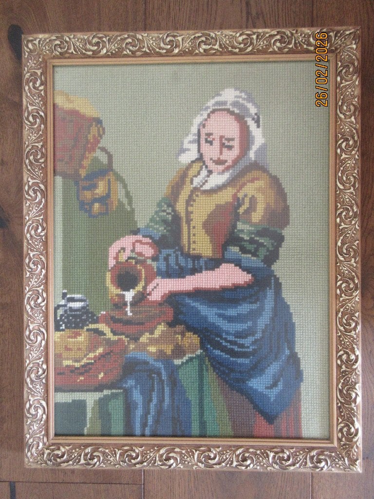 geborduurd schilderij Melkmeisje van Vermeer, Huis en Inrichting, Woonaccessoires | Schilderijen, Tekeningen en Foto's, Ophalen