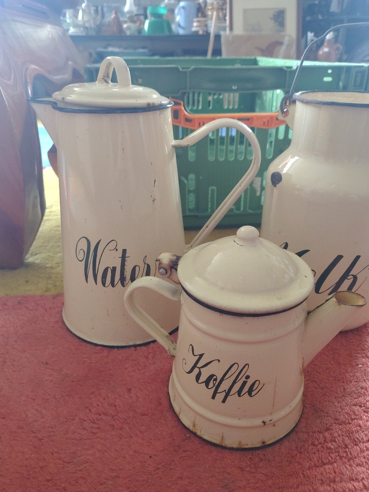 Vintage emaille kannen set: Water, Melk, Koffie, Antiek en Kunst, Ophalen of Verzenden