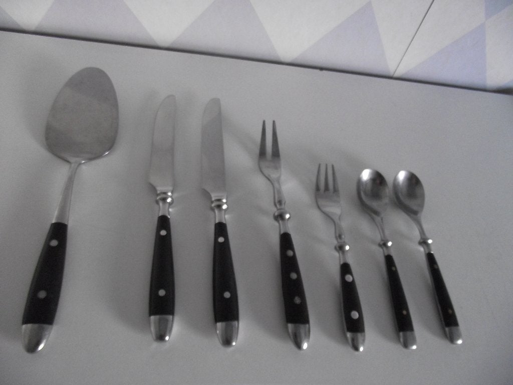 7 vintage RVS zwart hout bakeliet bestek Beram WMF 1960 p st, Antiek en Kunst, Antiek | Bestek, Ophalen of Verzenden
