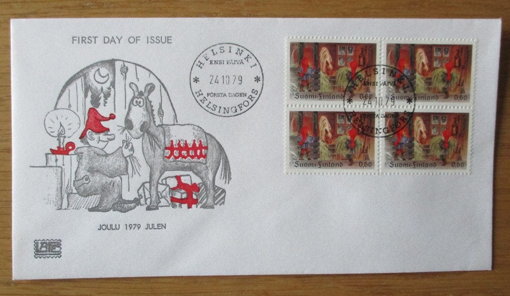 Finland, FDC Kerstmis 1979, in blokje van vier, Verzenden, Finland, Gestempeld