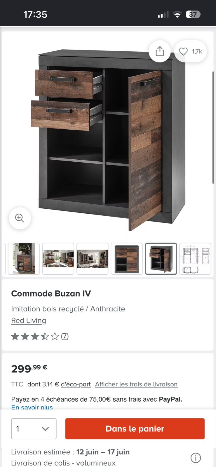 Commode Buzan IV - Gerecycled Houtlook/Antraciet, Ophalen, 50 tot 100 cm, Zo goed als nieuw, Met lade(s)