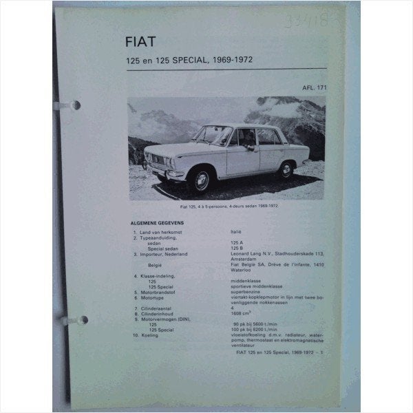 Fiat 125 Vraagbaak losbladig 1969-1972 #1 Nederlands, Ophalen of Verzenden, Gelezen, Overige merken