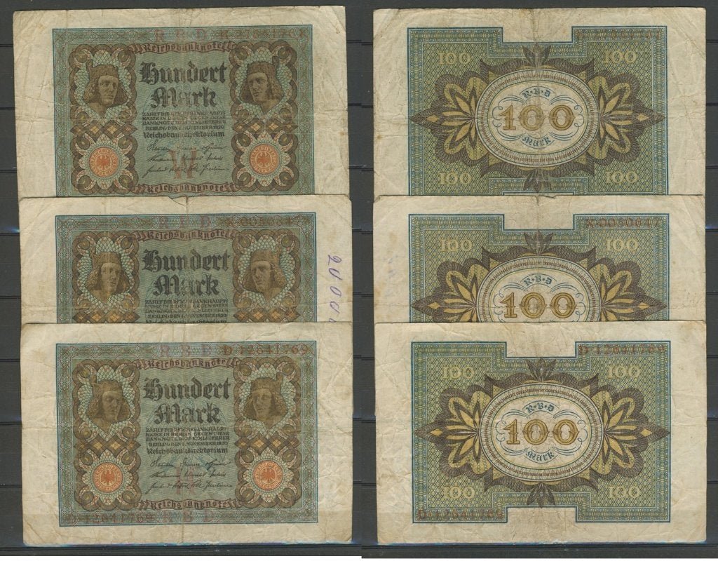 Kreichsbanknote 3 x 100 Mark 1920 Noodgeld Biljet c-309 jdu, Postzegels en Munten, Ophalen of Verzenden, Duitsland, Setje