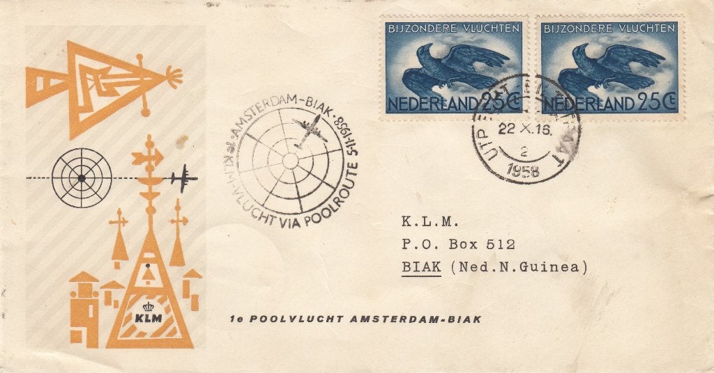 Nederland- 1958- Eerste Poolvlucht Amsterdam- Biak- KLM, Postzegels en Munten, Brieven en Enveloppen | Nederland, Verzenden, Envelop