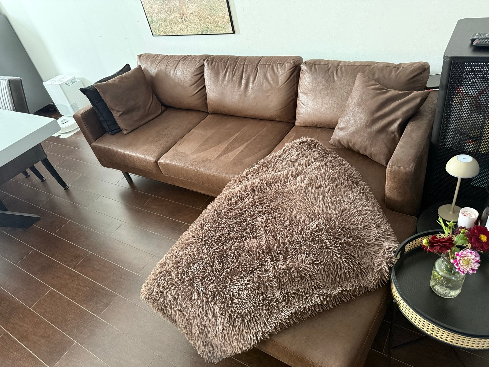 Comfortabele bruine bank met chaise longue, Ophalen, Gebruikt, 125 tot 150 cm, Hoekbank