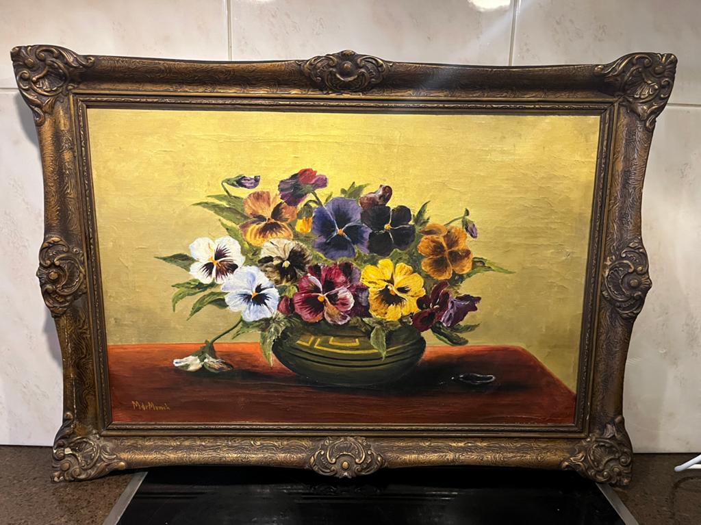 Antiek olieverf bloemen stilleven schilderij, Ophalen of Verzenden