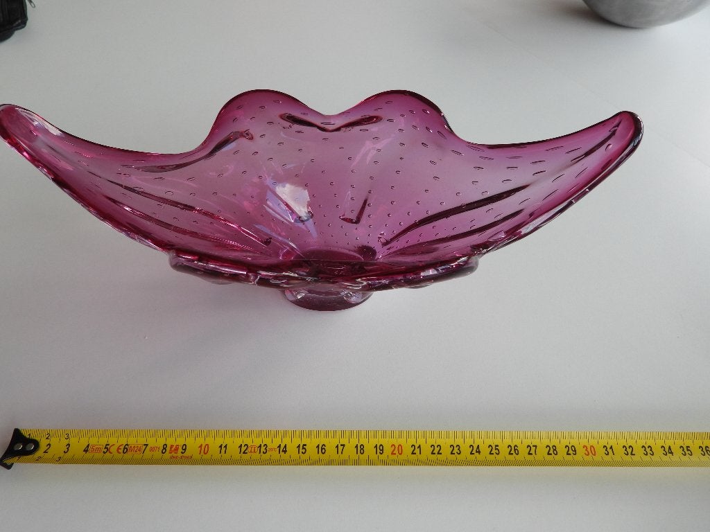 Vintage Murano stijl roze glazen schaal met bubbels, Gebruikt, Vintage, Ophalen of Verzenden, Glas