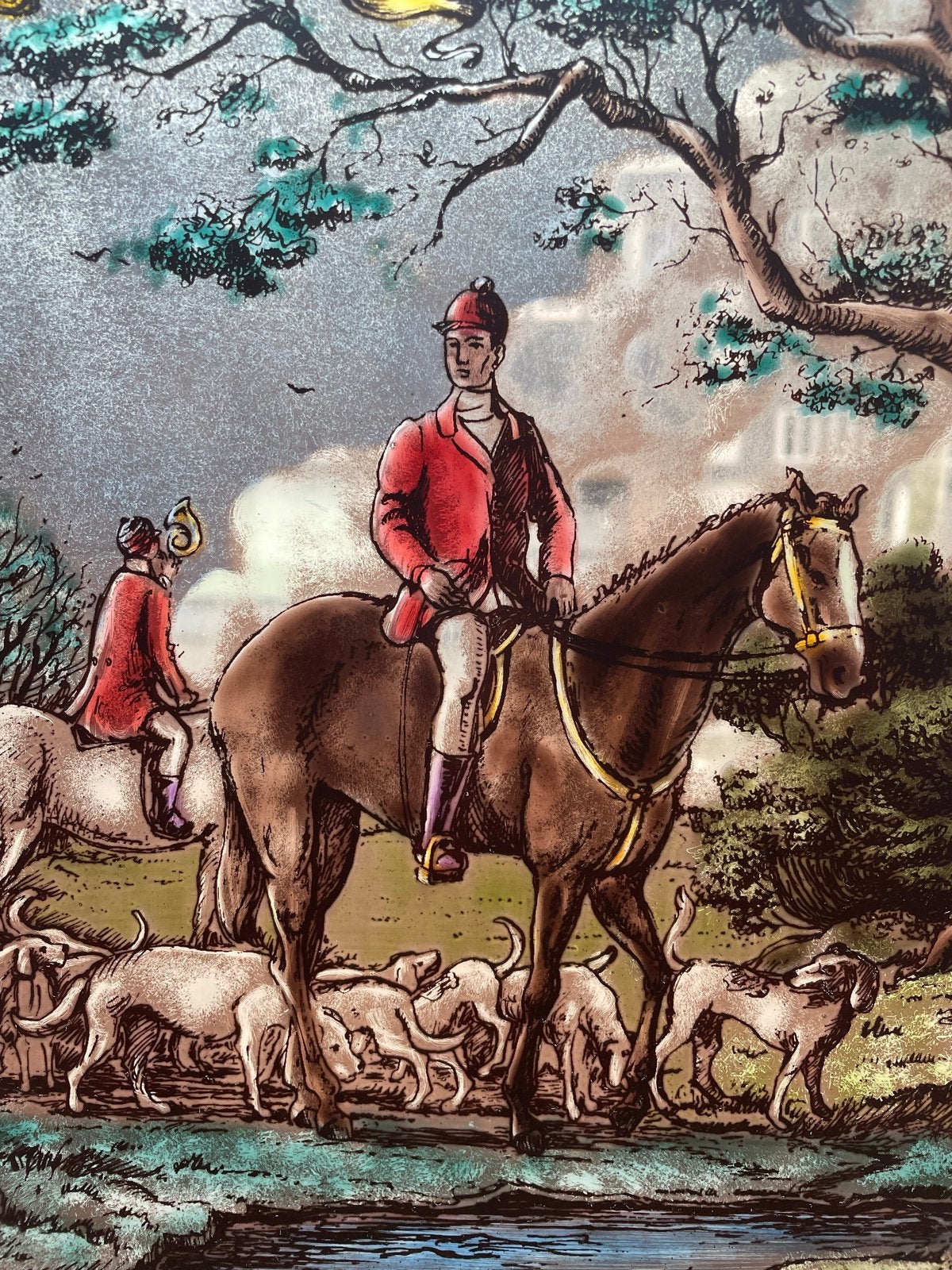Glas in lood paneel "De Jacht" - Brandschilderen, Ophalen of Verzenden