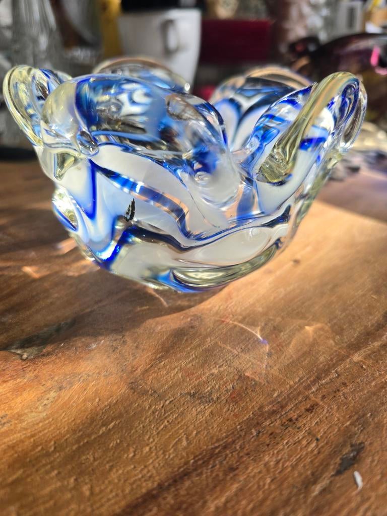 Vintage Murano glazen asbak, blauw en wit, Ophalen of Verzenden