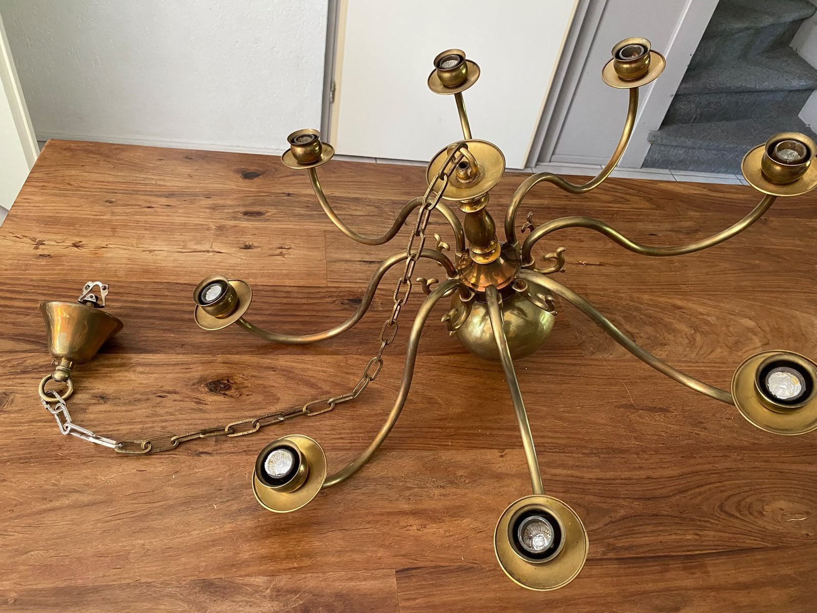 Kroonluchter Antiek koperen hanglamp 8 kaarsen, Ophalen, Gebruikt, Overige materialen, Kroonluchter 8 kaarsen antiek koper