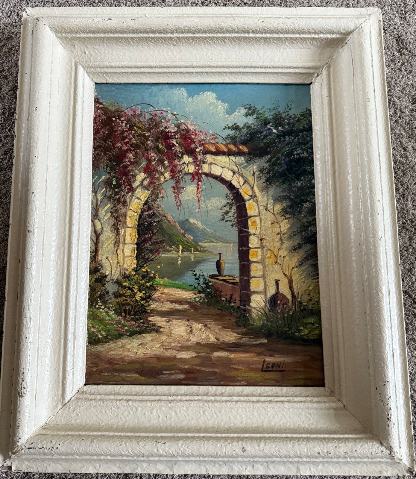 Schilderij Leoni - Landschap met doorkijk en bloemen, Antiek en Kunst, Kunst | Schilderijen | Klassiek, Doek, Realistisch, Ophalen of Verzenden