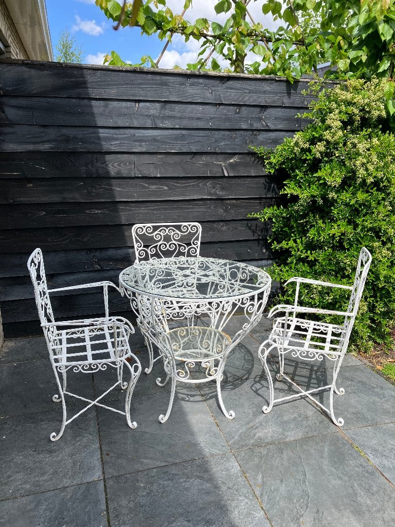 Brocante bistroset met 3 stoelen gietijzer, Ophalen, Overige materialen, Gebruikt, 3 zitplaatsen