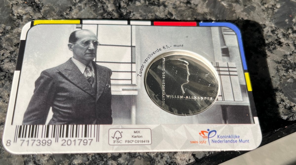 Zilveren 5 Euro Piet Mondriaan Herdenkingsmunt 2022, Koningin Beatrix, Zilver, Euro's, Ophalen of Verzenden