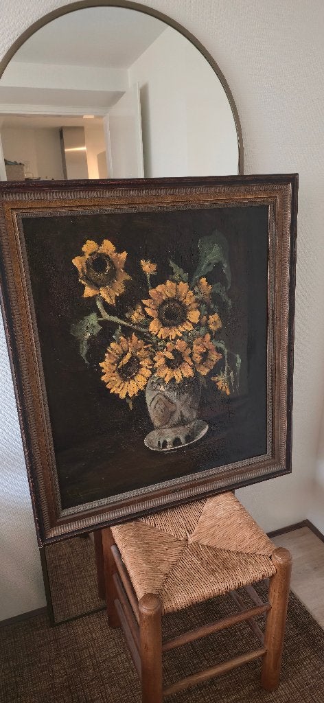 Schilderij - Zonnebloem - 94x84, Doek, Overige technieken, Bijzondere lijst, Klassiek