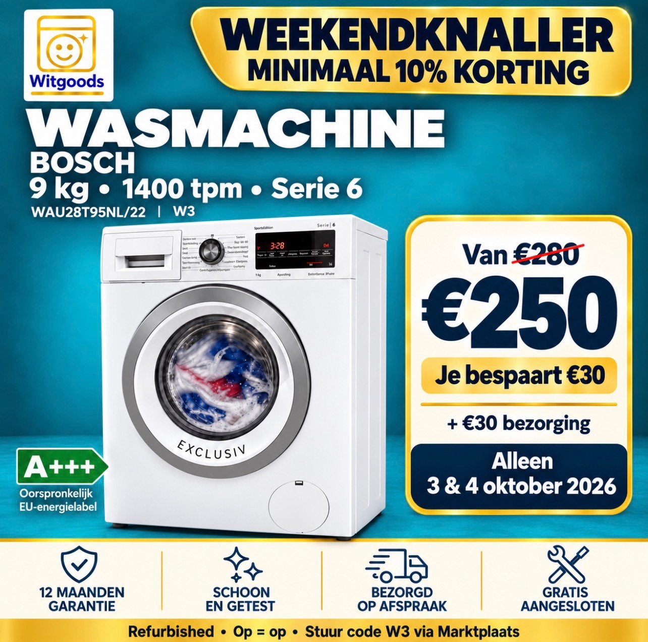 ✅GROOT, SNEL & STIL! 9kg BOSCH Serie6 1400 tpm  SPEEDPERFECT, Bosch, 2130AG, 1200 tot 1600 toeren, Bosch-contactcenter@bshg.com