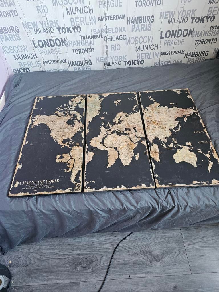 Drieluik Wereldkaart - Vintage Stijl Wanddecoratie, Huis en Inrichting, Woonaccessoires | Wanddecoraties, Ophalen, Gebruikt, Hout