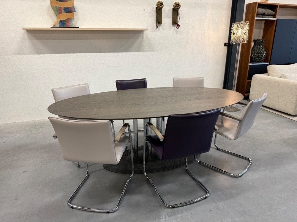 6 Als nieuw Leolux Freyr eetkamerstoelen Paars grijs stoel, Leolux, Info@leolux.nl, Leer, Ophalen of Verzenden