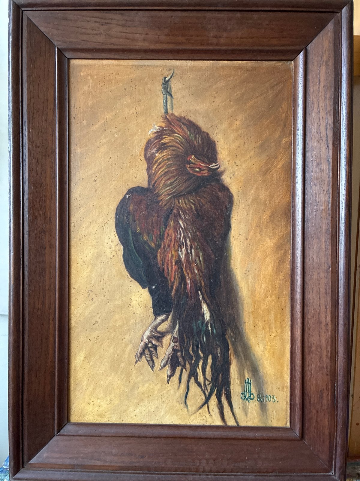 Antiek Olieverf Schilderij: Haan, Gesigneerd en Gedateerd 19, Antiek en Kunst, Gedateerd, Doek, Realistisch, Dieren