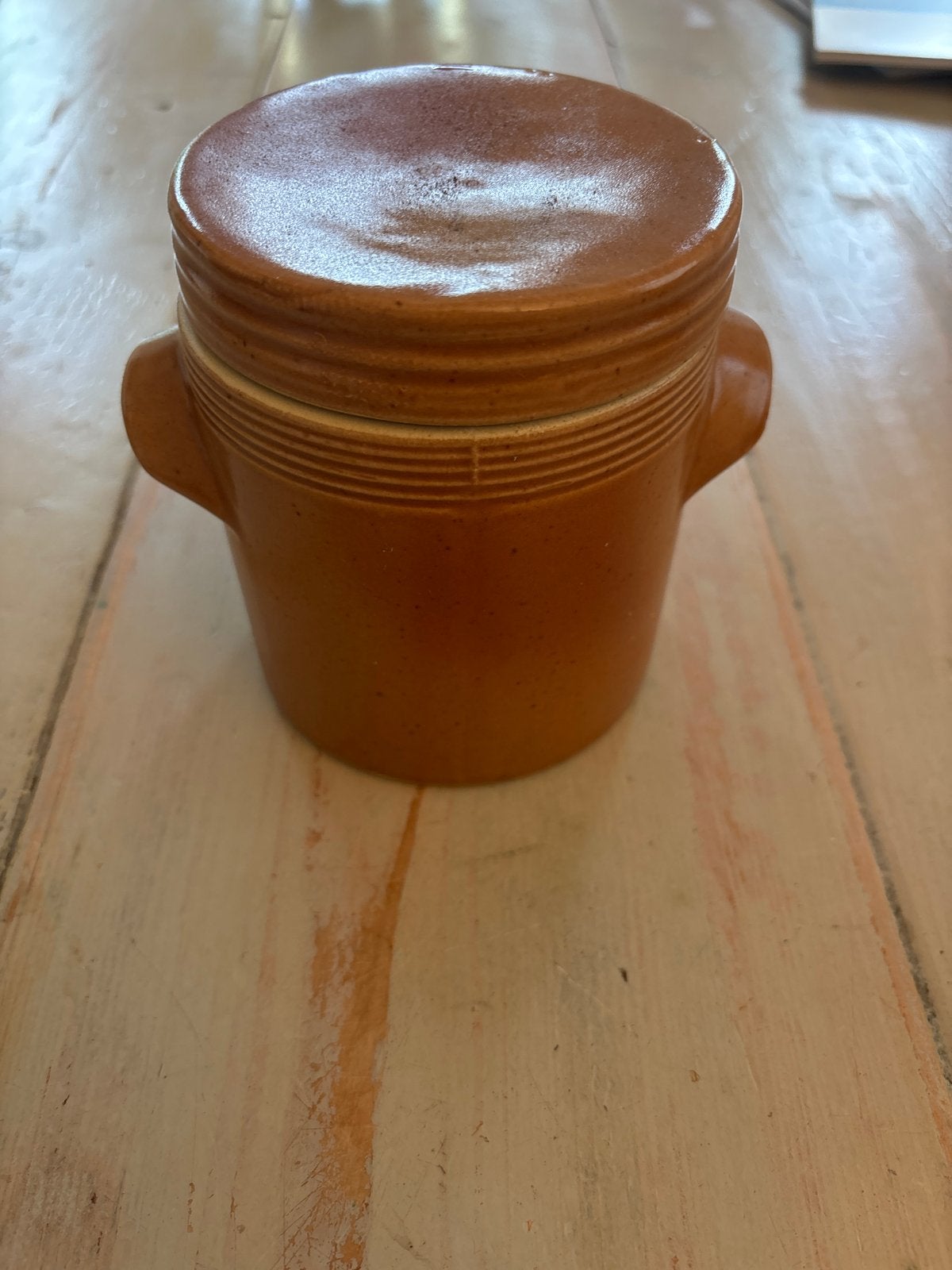 Oude aardewerk pot gres confiture pot met deksel - 10x12 cm, Ophalen of Verzenden