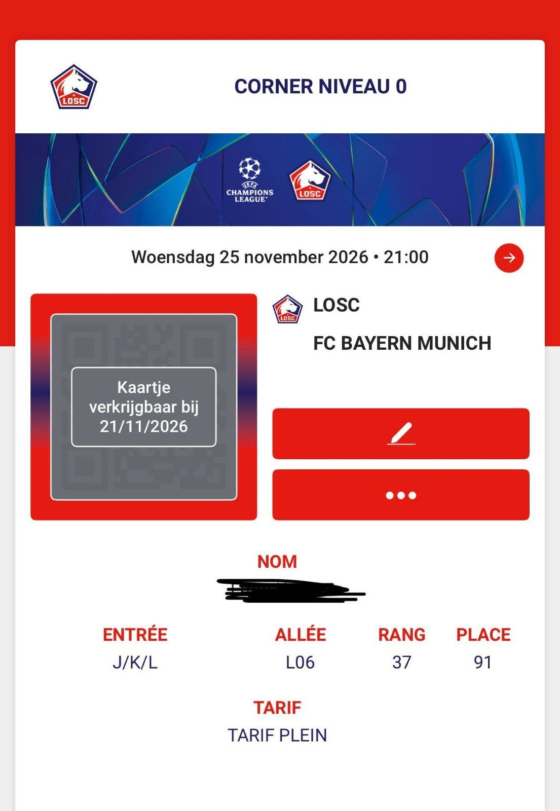 Voetbal kaartjes! Lille - FC Bayern Munchen! 3 Tickets 

25, Losse kaart, Drie personen of meer, November, Europa of Champions League