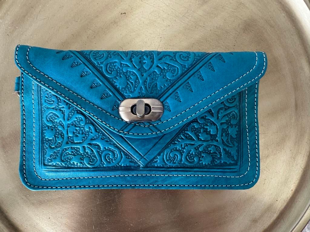 Marokkaanse lederen portemonnee - blauw 20x11cm, Sieraden, Tassen en Uiterlijk, Portemonnees, Nieuw, Overige merken, Blauw, Leer